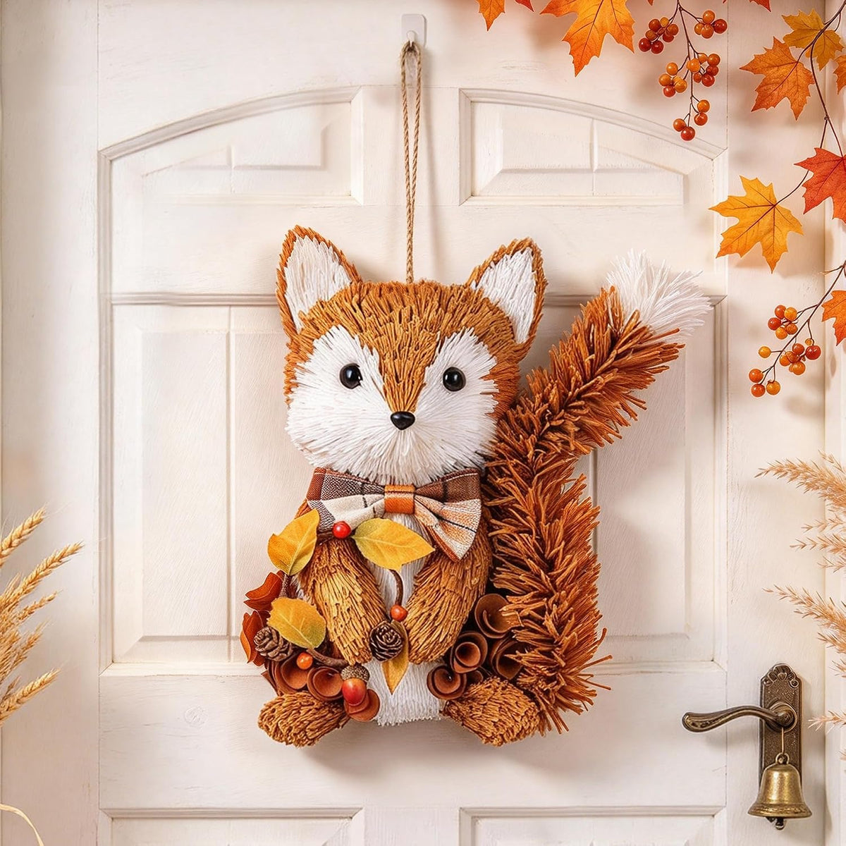 Fall Wreath for Front Door, 13.4" Thanksgiving Straw Fox Figurine with Woodchip Pinecone, Hanging Harvest Autumn Gifts, Tabletop Centerpieces, Woodland Animal Home Kitchen Office Decor