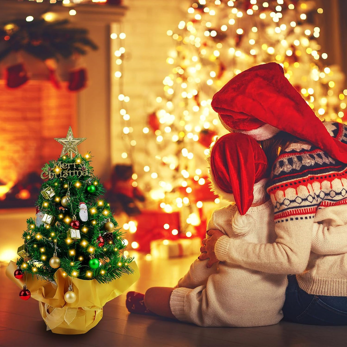 23 in Small Christmas Tree with Lights, Mini Tabletop Tree Desk Decor