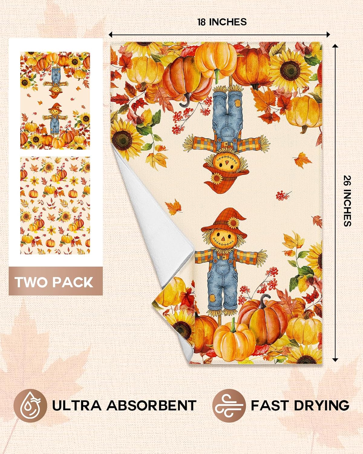 Miss Adola Fall Microfiber Kitchen Towels Set of 2, Straw Pumpkin
