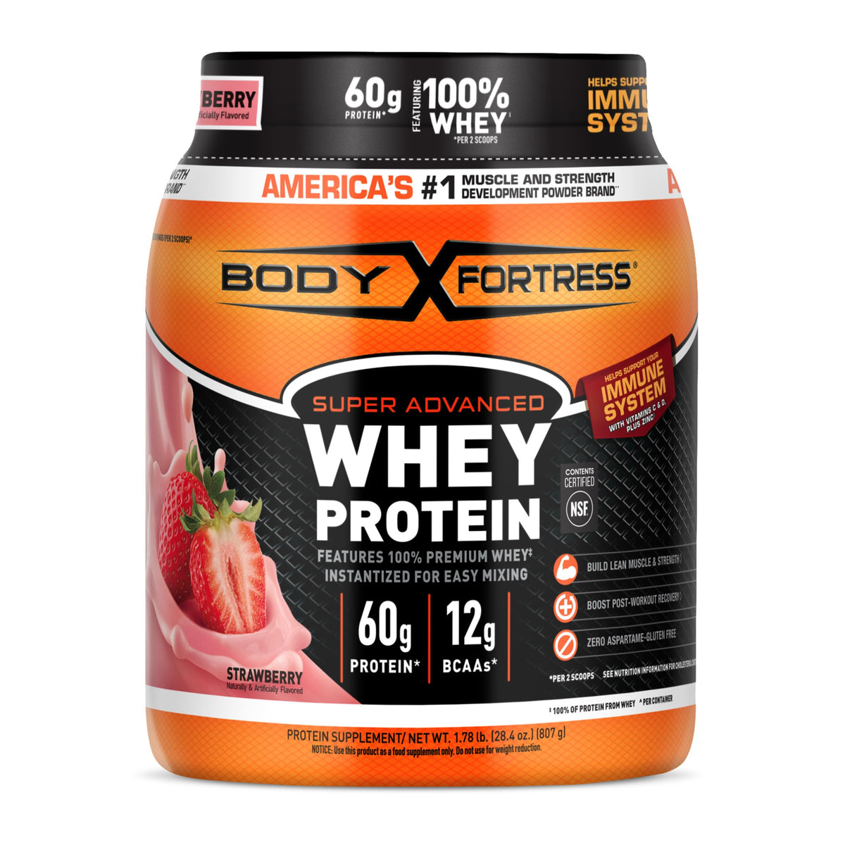 Body Fortress Super Advanced Whey Protein Powder, Gluten Free, Vanilla, Immune Support (1), Vitamins C & D Plus Zinc, 3.9 lbs.