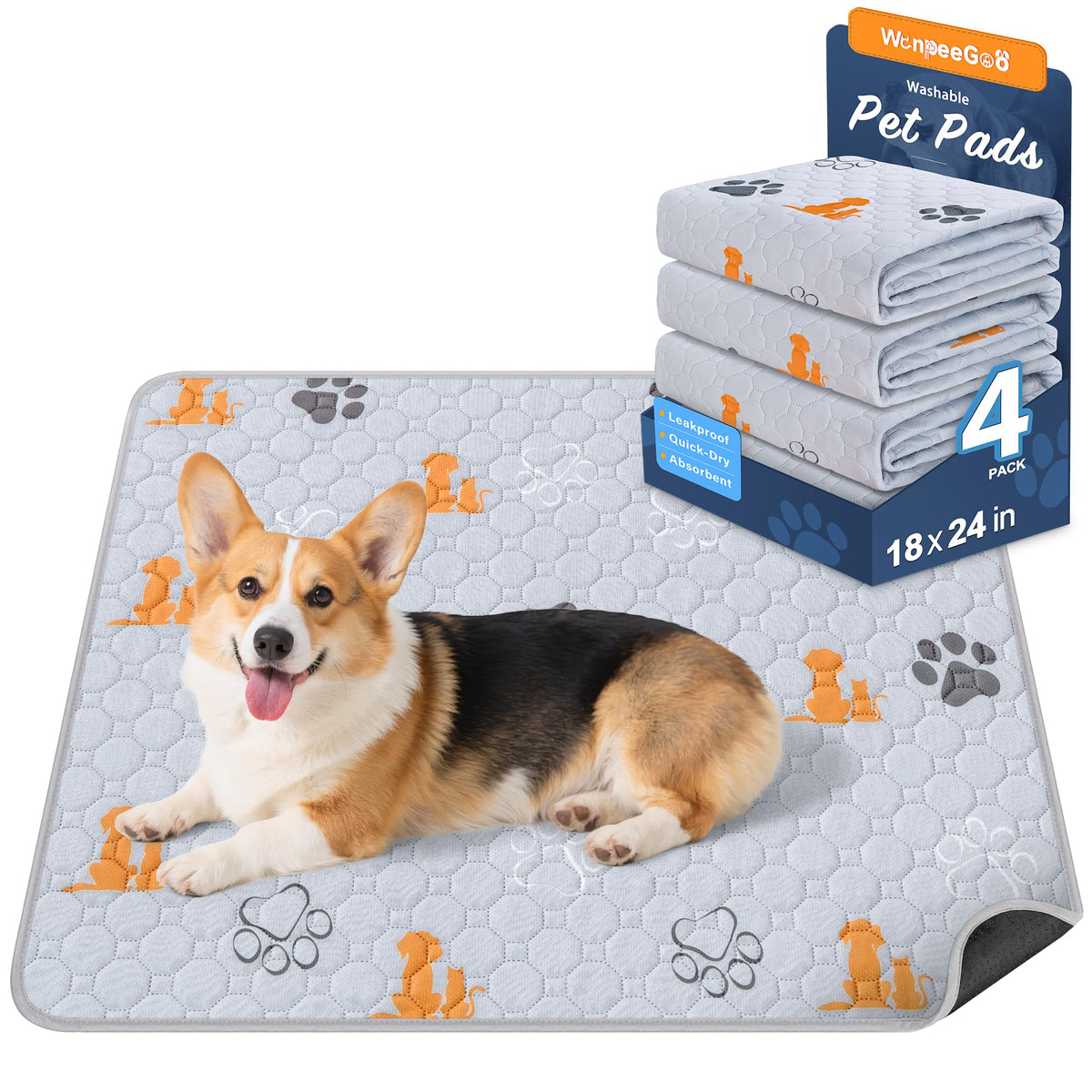 WanpeeGoo Washable Pee Pads for Dogs, Waterproof, 18 x 24 in, 4 Pack, Gray | Super Absorbent, Waterproof and Non-Slip; Washable, Reusable Dog Pads for Crates, Playpens, Floors, Furniture and Travel
