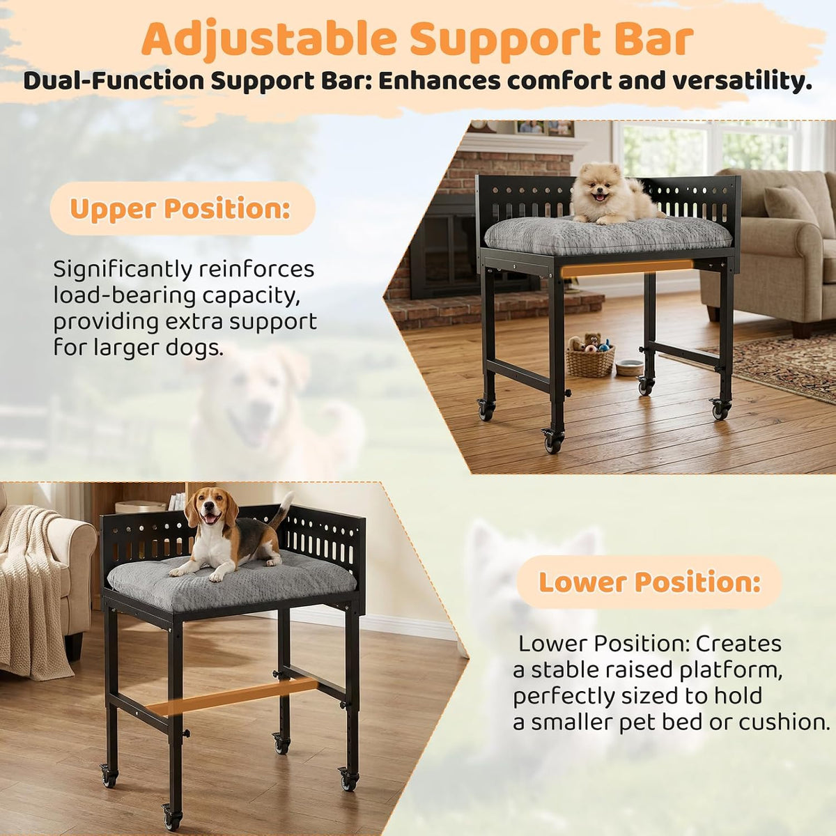 Beside Dog Bed,2 Panels Adjustable Height Dog Bunk Beds,26.8”x18.1” Metal Frame & Cushion, Converts to Bunk Bed or Bed Extension Attachment for Human Bed, for Small Dogs