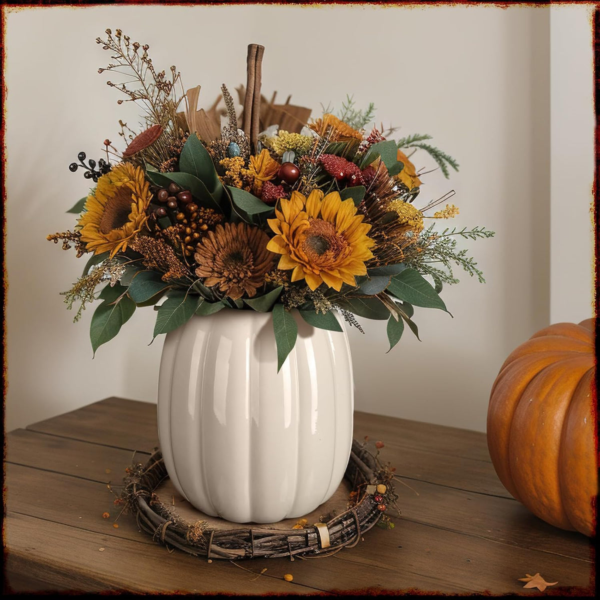 Beeveer 6.7 Inch Ceramic Pumpkin Vase, Large White Pumpkin Utensil Holder