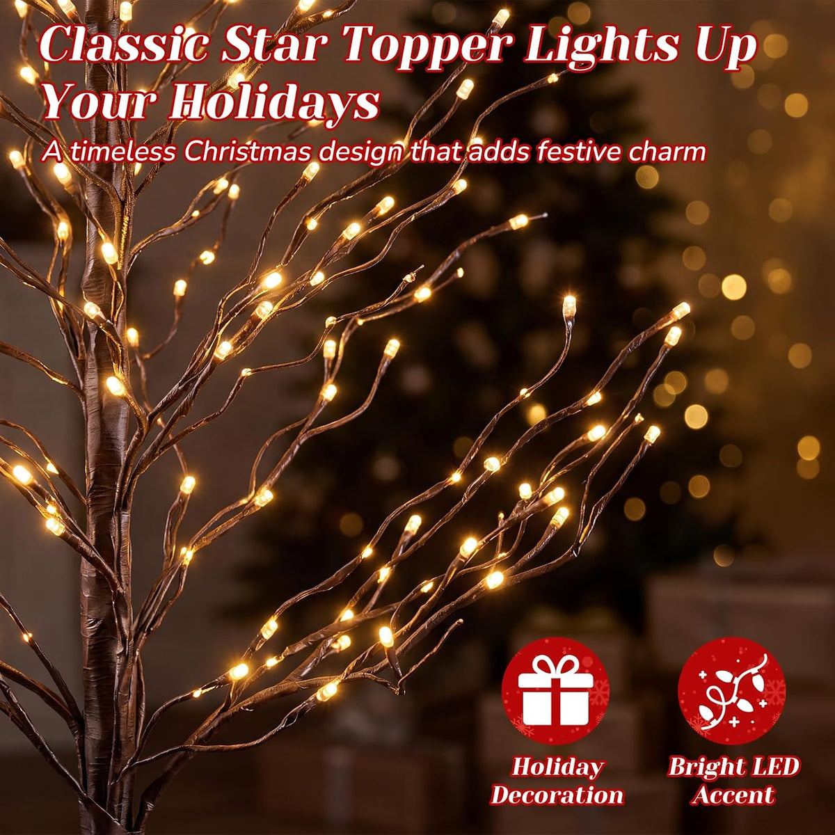 DUMOS 5 Ft Lighted Star Christmas Twig Tree with 200 LED Lights, Xmas Decor