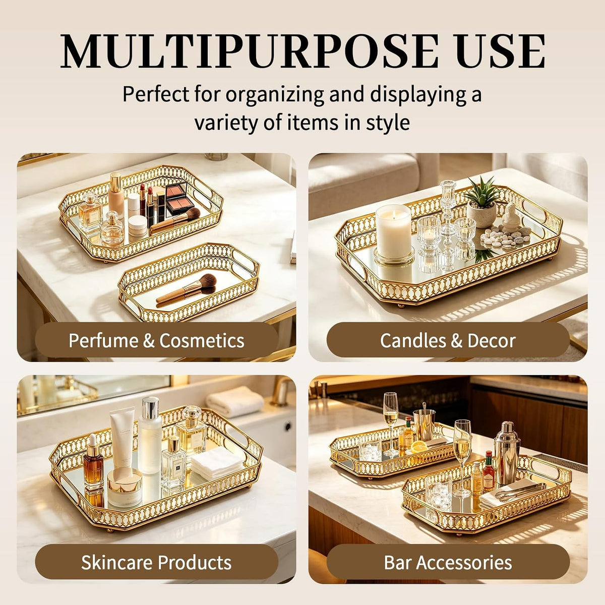 2 PCS Bar Cart Tray, Gold Mirror Tray with Handles for Home Decor