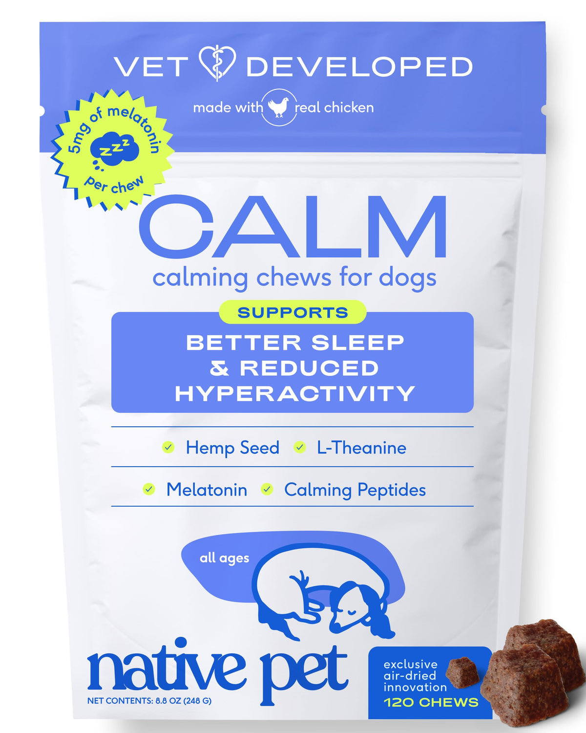 Native Pet Calming Chews for Dogs Medium Breed - 60 Calming Dog Treats - Hemp Seed, Melatonin, L-Theanine - Supports Calm Behavior - 30 Chews