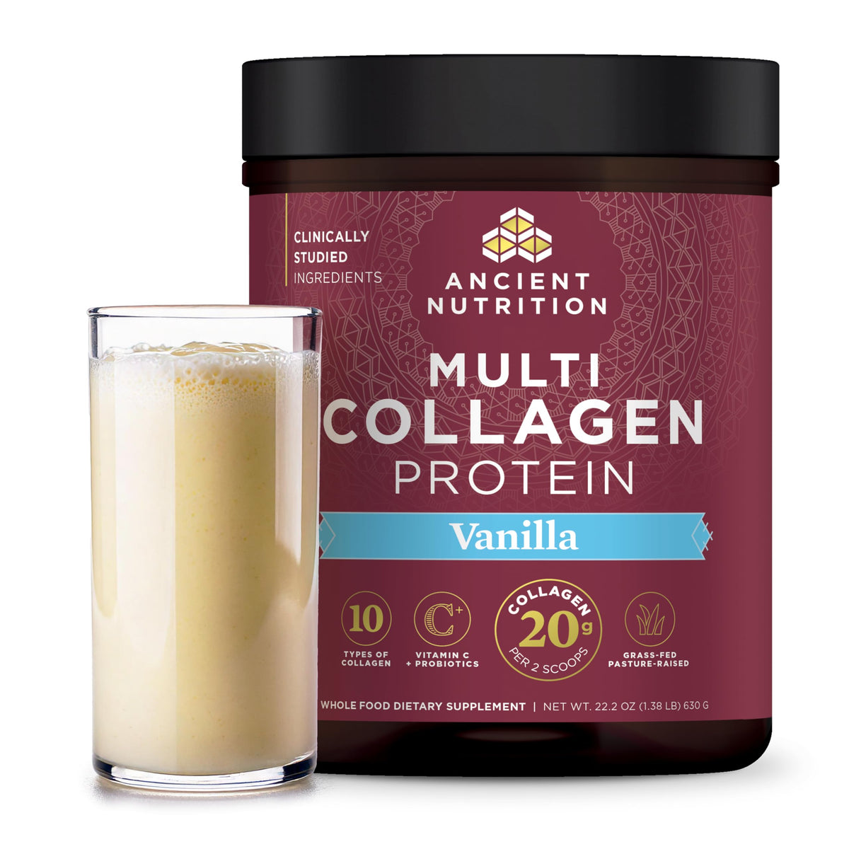 Ancient Nutrition Collagen Peptides Powder, Multi Collagen Protein, Women & Men, Vitamin C, Probiotics, Hydrolyzed Collagen, Supports Skin, Joints, Gut Health, Unflavored (40 Servings)