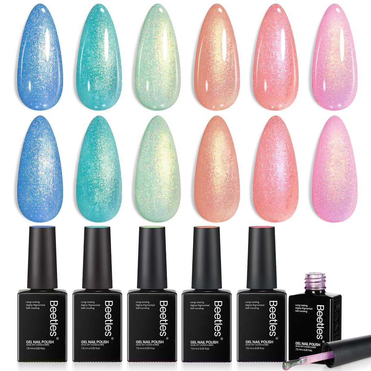 Beetles Halloween Cat Eye Gel Nail Polish Set, 6 Colors Glitter Gel