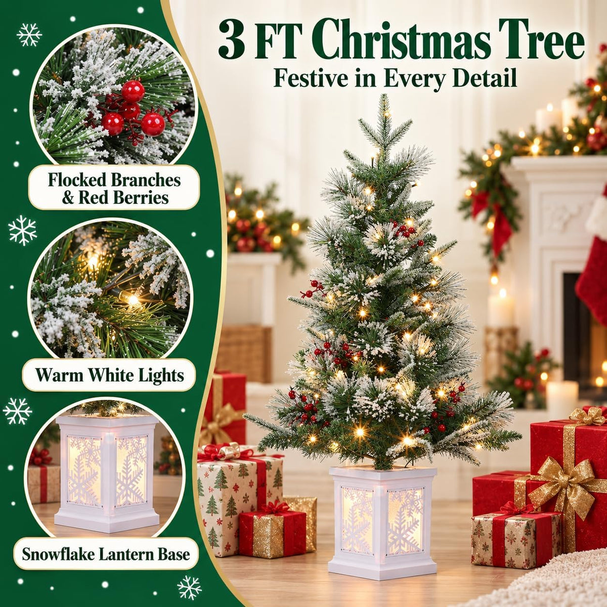 3 Ft Pre-Lit Christmas Tree, Artificial Christmas Tree with Base, Xmas Tree with Timer, Christmas Decoration for Home, Office, Easy Assembly