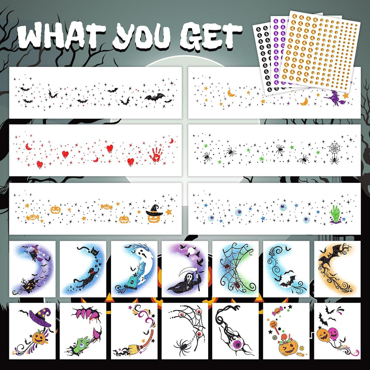 Halloween Glitter Freckle & Gems, Face Tattoo for Women Makeup Decorations