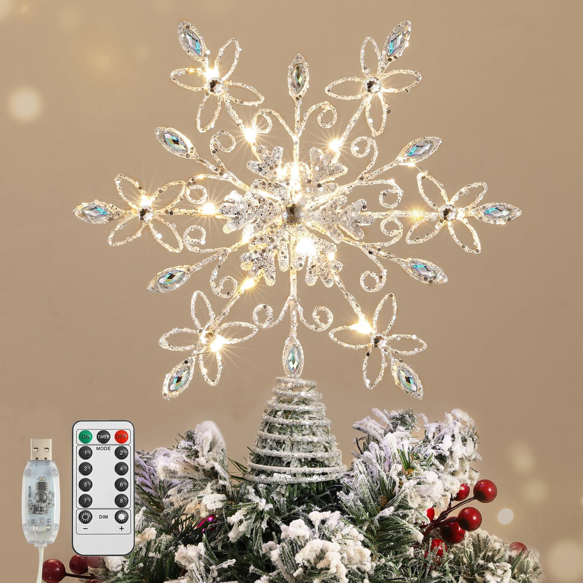 Lewondr Crystal Firework Christmas Tree Topper with Lights, Gold