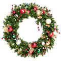 Hykolity 28 Inch Pre-Lit Botanical Christmas Wreath with 50 Warm White LEDs and Timer, Battery Operated Artificial PE & PVC Wreath with Ornaments, Pinecones and Layered Gold Leaves for Front Door