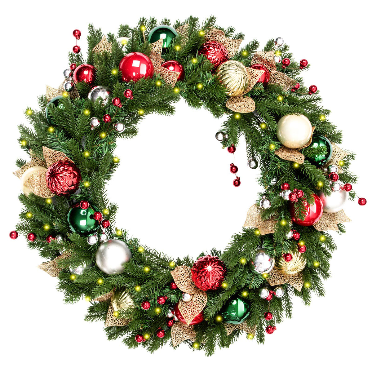 Hykolity 28 Inch Pre-Lit Botanical Christmas Wreath with 50 Warm White LEDs and Timer, Battery Operated Artificial PE & PVC Wreath with Ornaments, Pinecones and Layered Gold Leaves for Front Door