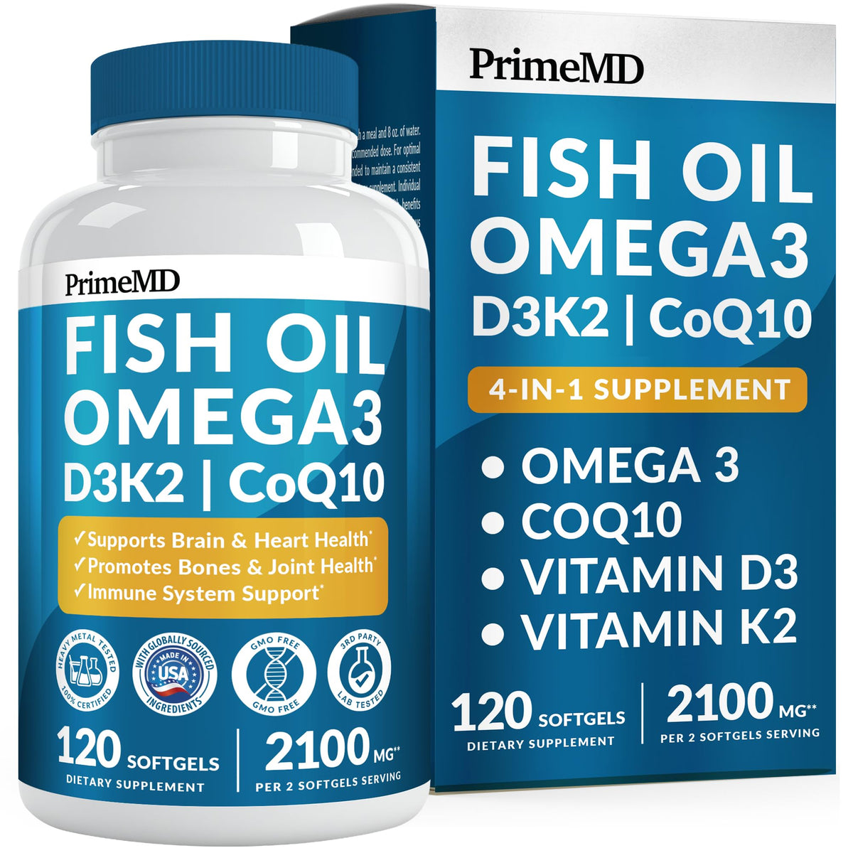 5-in-1 Fish Oil Omega 3 Supplements (2100mg) - Fish Oil with Vitamins D3 & K2 and CoQ10 - EPA DHA Omega 3 Supplement - Lemon Flavored Fatty Acid Supplements, Pack of 2