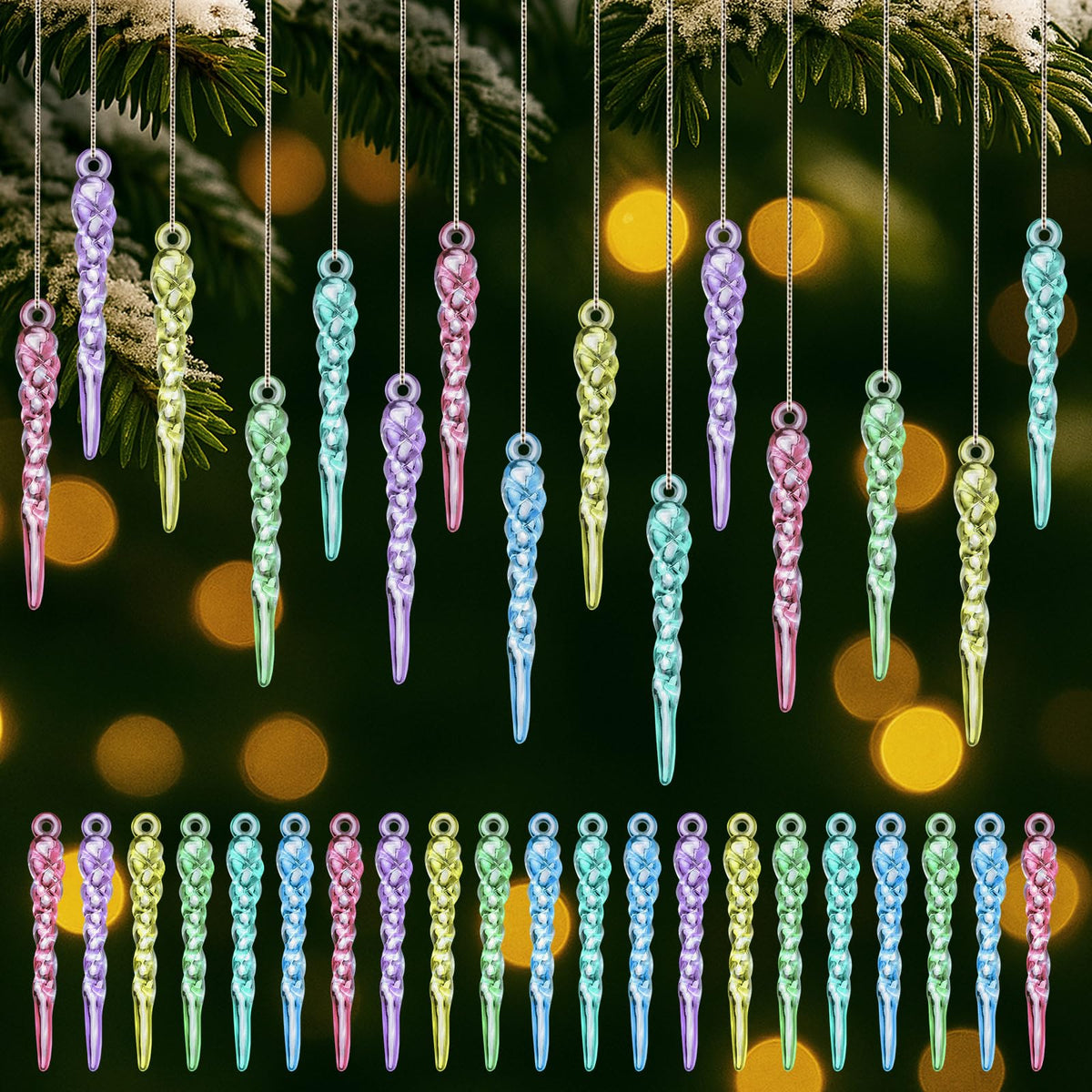 Cinnvoice 36 Pcs Iridescent Christmas Icicle Ornaments for Christmas Decor