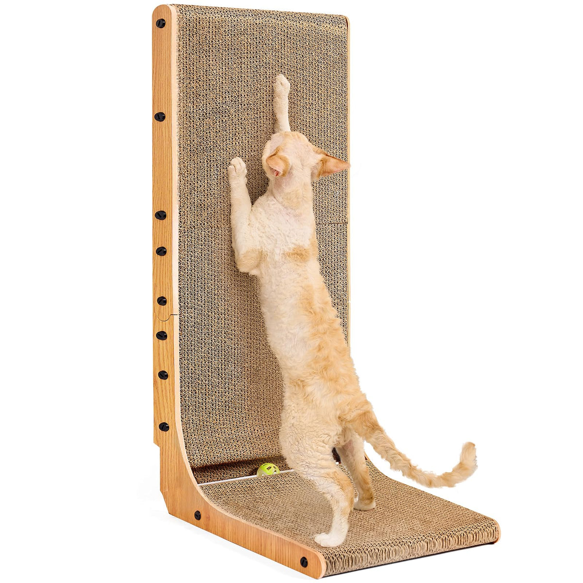 EHEYCIGA Cardboard Cat Scratcher for Indoor Kitten Cats, 19 Inch L Shaped Vertical Cat Scratching Board with Ball Cat Toy, Small Cat Scratcher Pad, Brown