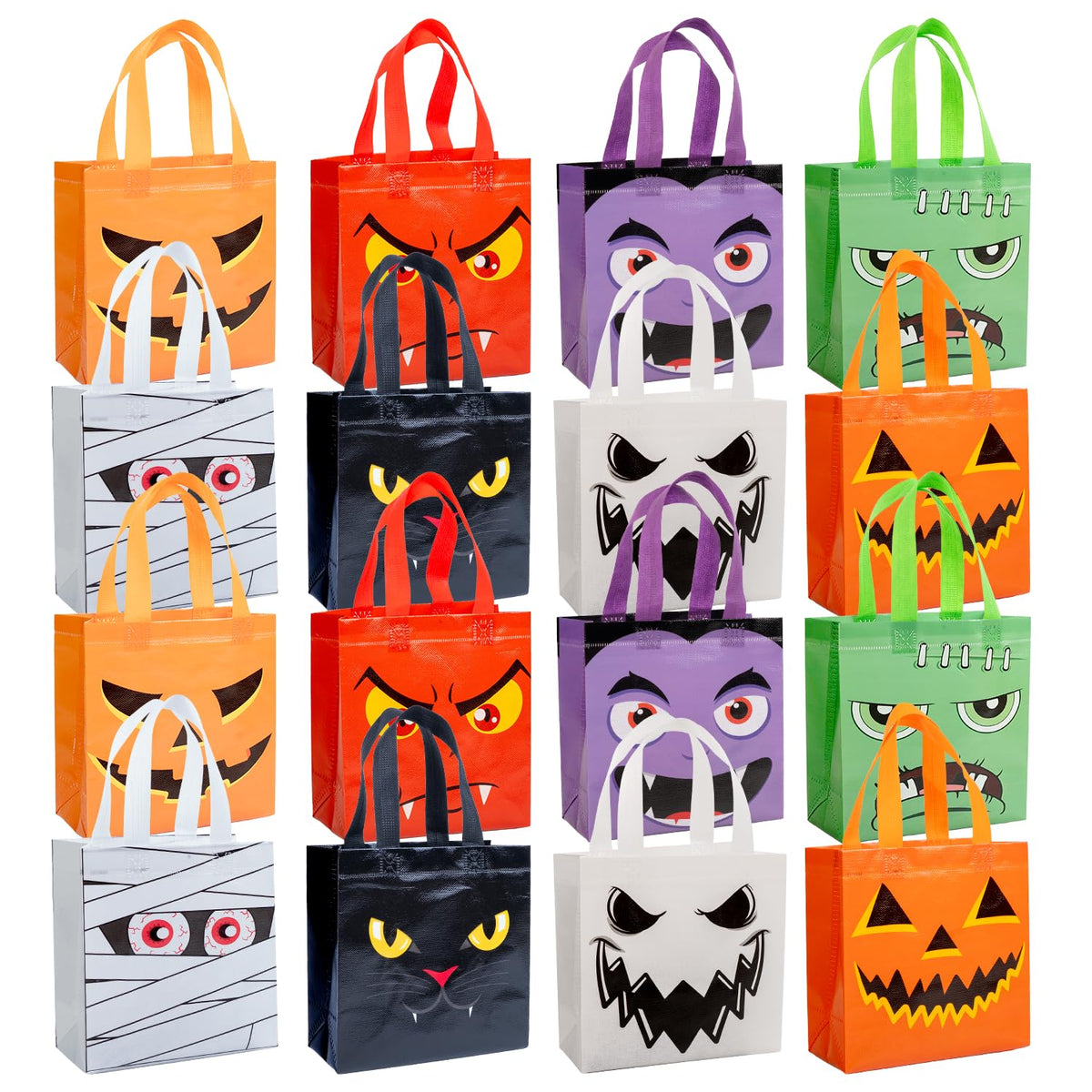 Jaywayang 8Pcs Halloween Trick or Treat Tote Bags with Handles ， Reusable Non-Woven Ghost Face Gift Bags for Adults Kids Gifts Wrapping, Party Supplies.
