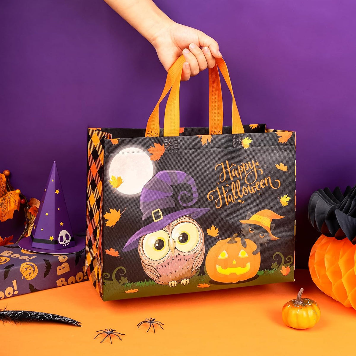 Loveinside Halloween Medium Recycled Gifts Bags with Handles, Reusable Halloween Party Gift Bag, Shopping Bag - 13" x 5" x 10", 1 Pcs, Owl Design