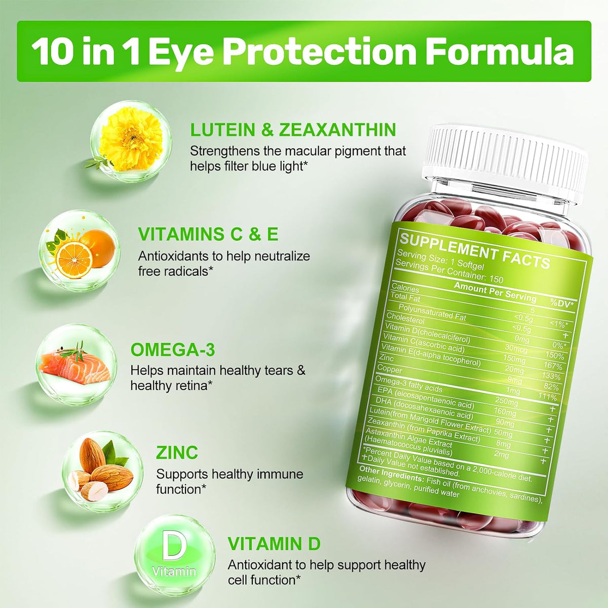 Lutein and Zeaxanthin Supplements, Eye Vitamin & Mineral Supplement, Multivitamin for Vision & Ocular Health with Omega-3, Protect and Enhance Your Eye Health Completely, 150 Softgels
