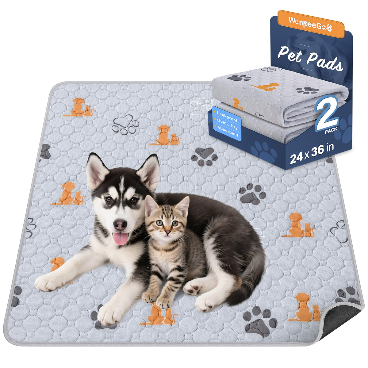 WanpeeGoo Washable Pee Pads for Dogs, Waterproof, 18 x 24 in, 4 Pack, Gray | Super Absorbent, Waterproof and Non-Slip; Washable, Reusable Dog Pads for Crates, Playpens, Floors, Furniture and Travel
