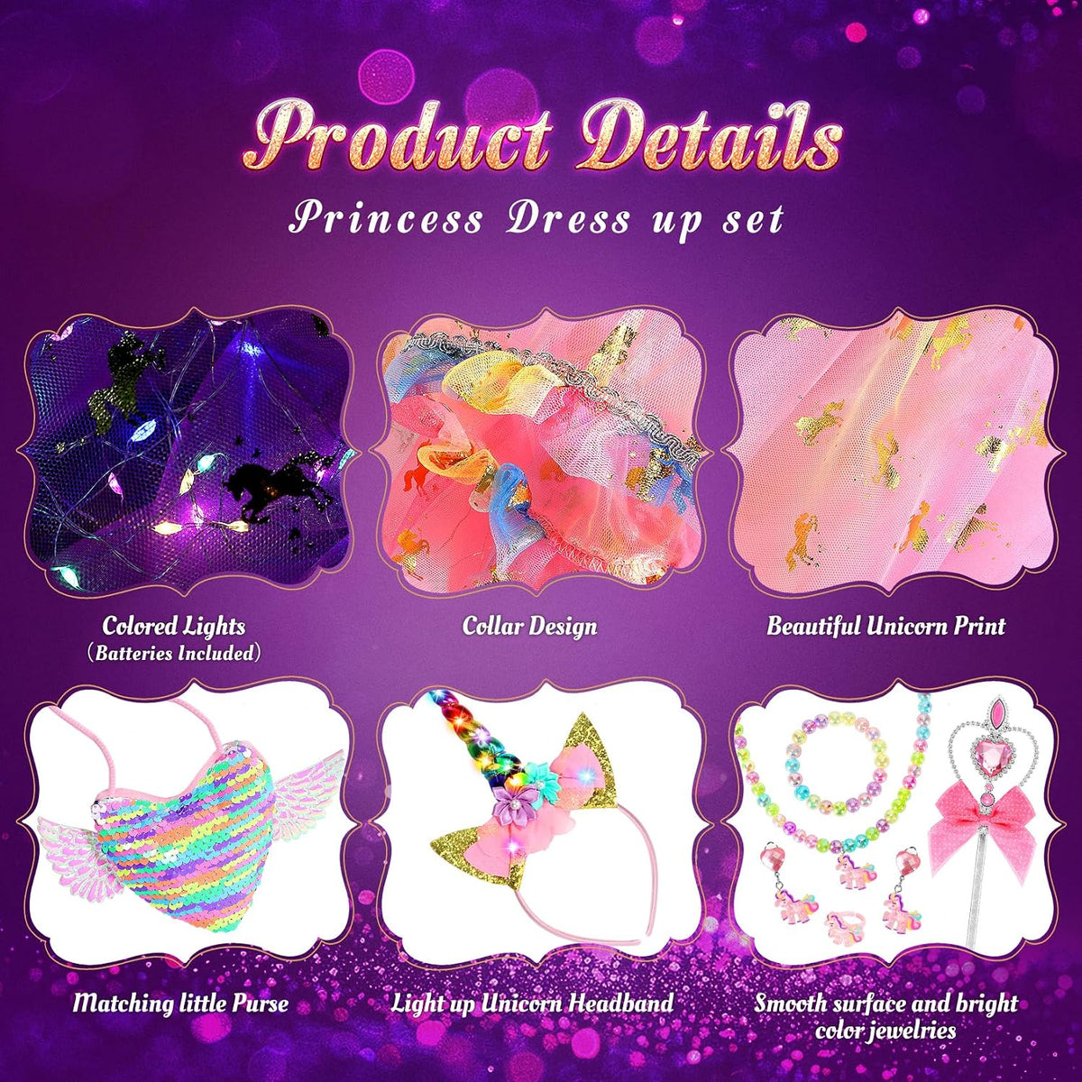Fedio Princess Dress Up for Girls, Unicorn Light Up Princess Cape Set