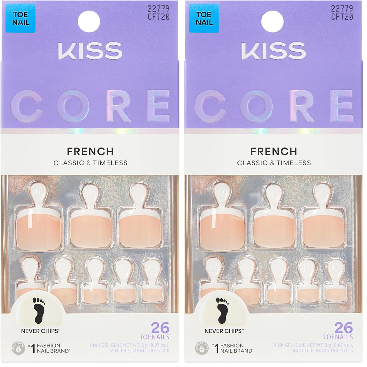 Kiss Core, Press On Nails, Nail glue included, 'Two of a Kind', White, Short Size, Squoval Shape, Includes 26 Toenails, 2g Glue, 1 Manicure Stick, 1 Mini File
