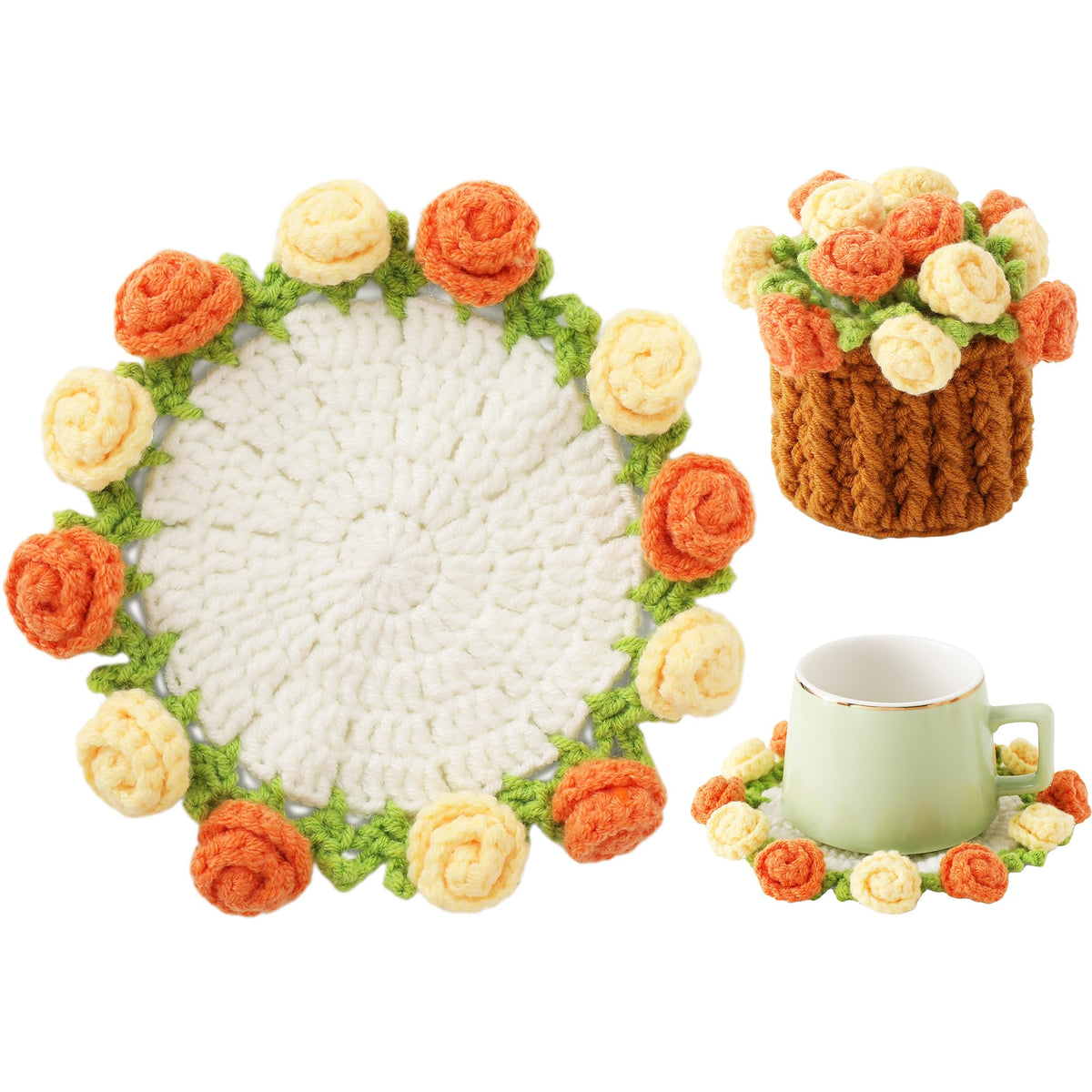 Crochet Flower Coasters, Handmade Bouquet Coasters with Crochet Plant Pot (Sunflower Yellow, 1Pc)