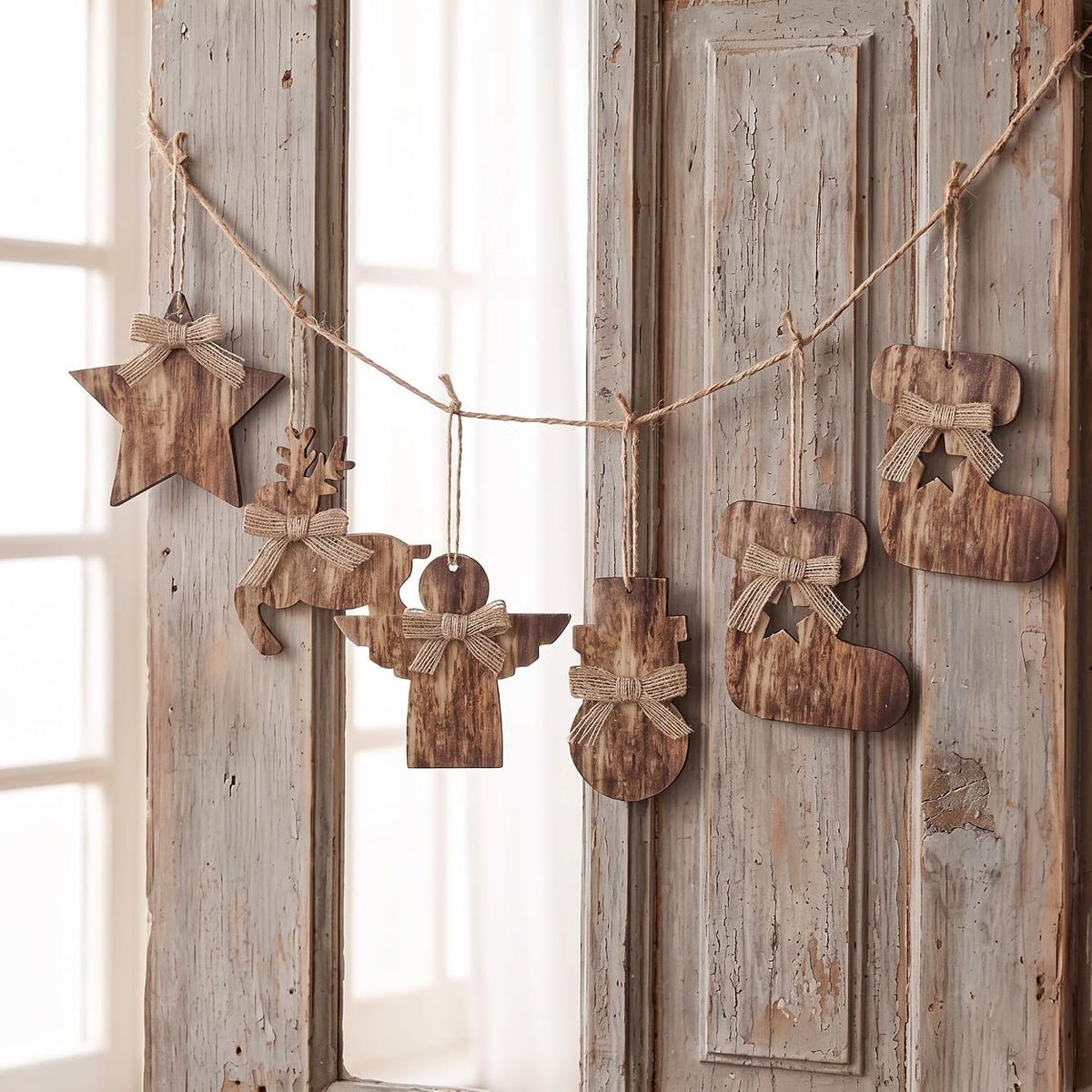 8 Pcs Rustic Christmas Tree Ornaments, Farmhouse Wooden Christmas Ornament