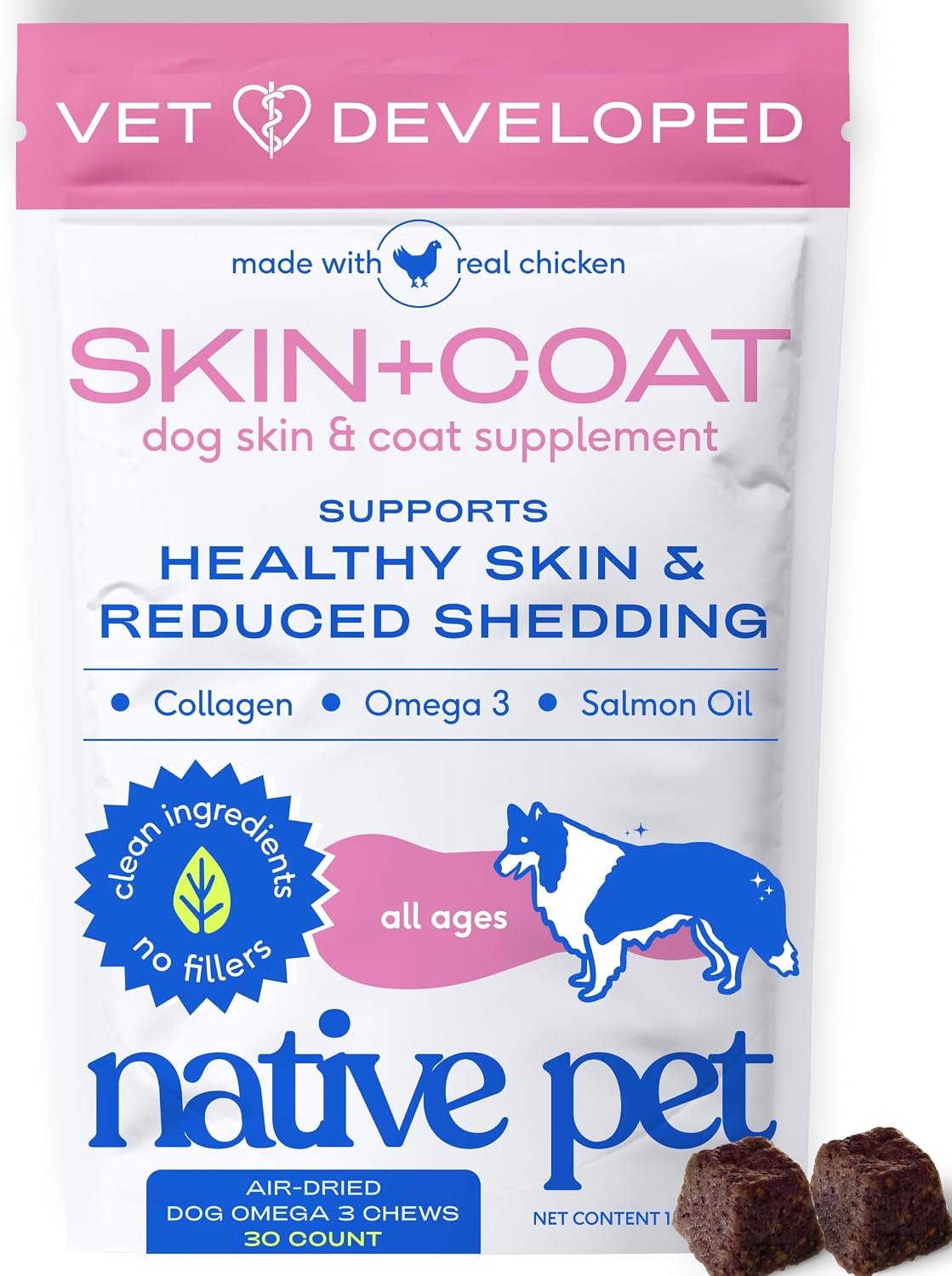 Native Pet Skin & Coat Chews - Omega 3 Fish Oil for Dogs Skin & Coat Supplement - Itch Relief, Shiny Fur & Shedding Support - Collagen, Hyaluronic Acid, Biotin, Probiotics & Salmon Oil - 30 Chews