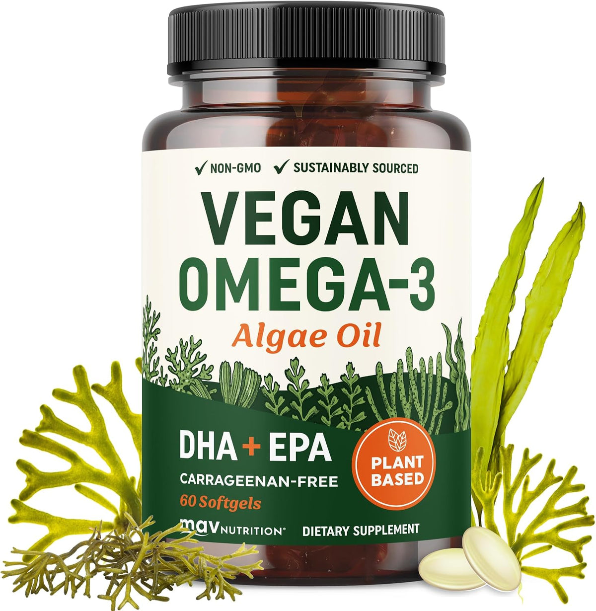 Vegan Omega 3 Algae Oil | Plant Based DHA EPA | Sustainably Sourced, No Carrageenan | Heart, Brain & Eye Health Support | Fish Oil Alternative | Omega 3 Fatty Acid Supplements | 60 Softgels