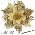 FurRain Christmas Poinsettia Artificial Flowers Decorations 5.5" Christmas Tree Wreaths Garland Decoration 12 Pcs Glitter Flowers Picks Decor for Xmas New Year Wedding Party Ornaments (Pink)