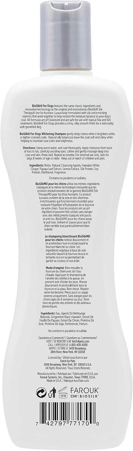 BioSilk Silk Therapy Whitening Dog Shampoo, Brightening Pet Shampoo with Silk Protein for White and Light Colored Coats, Enhances Shine and Softness, pH Balanced Dog Wash, 12 Fl Oz
