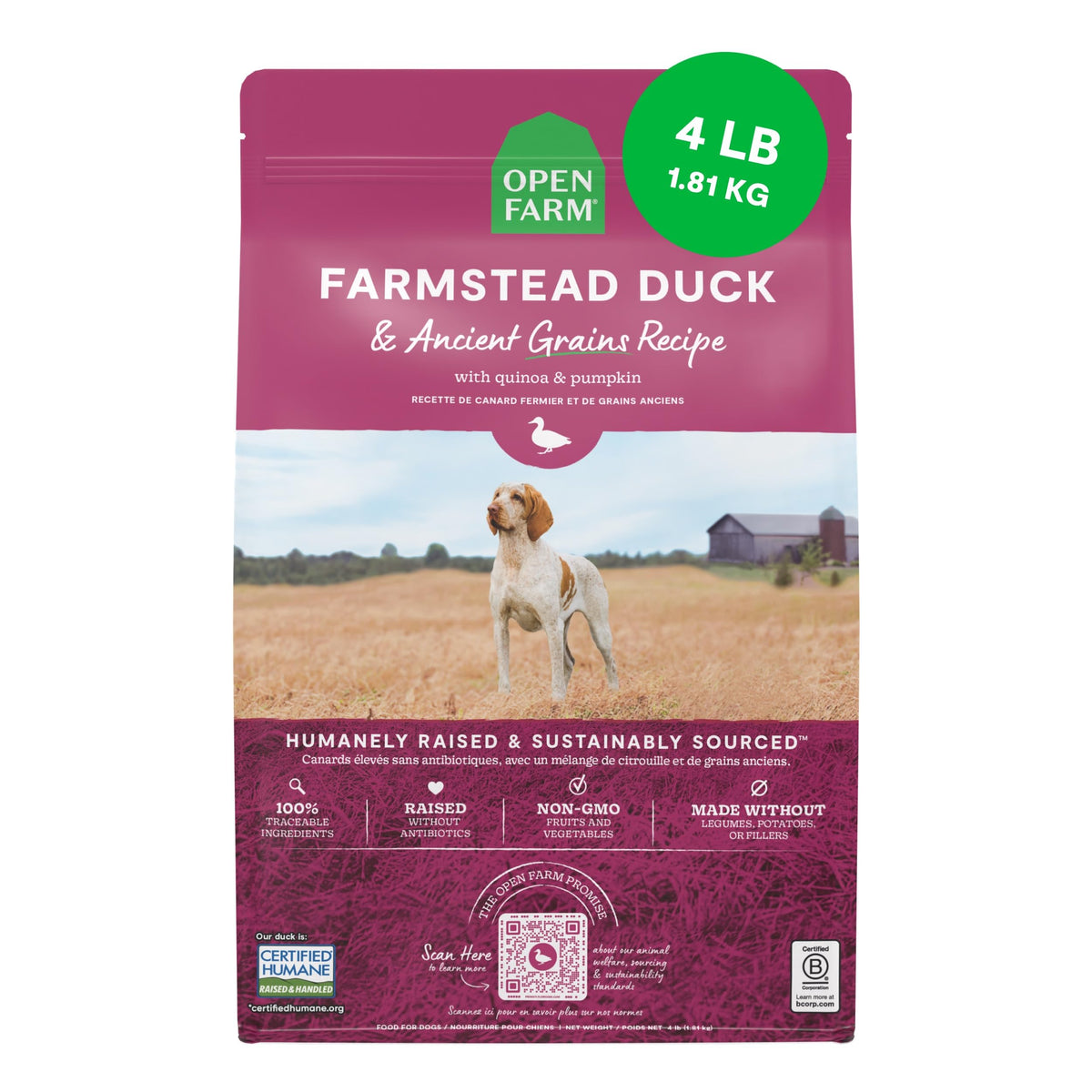 Open Farm, Ancient Grains Dry Dog Food, Protein-Rich & Nutrient Dense, 90% Animal Protein Mixed with Non-GMO Fruits, Veggies and Superfoods, Grass-Fed Beef Recipe, 4lb Bag