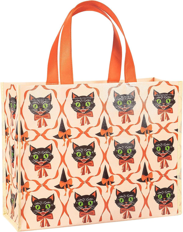 Loveinside 13" Large Halloween Reusable Gift Bag, Vintage Black Cat & Witch Hat Pattern Recycled Gift Bag with Handles for Kids Halloween Party, Trick or Treat, 13" x 5" x 10", 1 Pcs