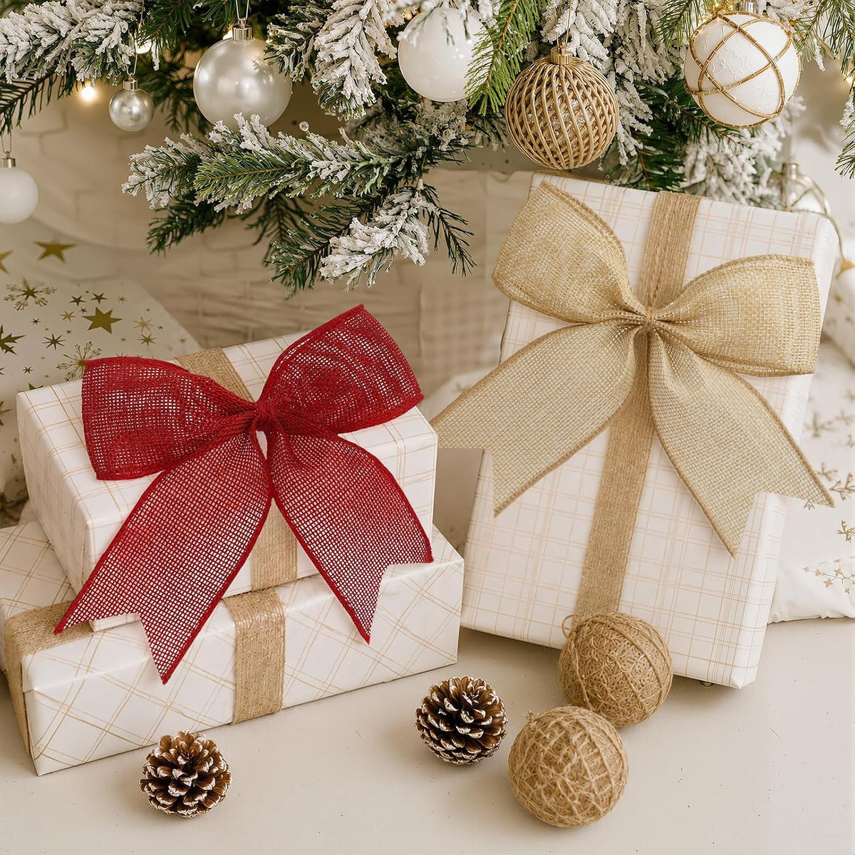 12Pcs Christmas Burlap Bows, 6.9 Inch Rustic Farmhouse Ornaments