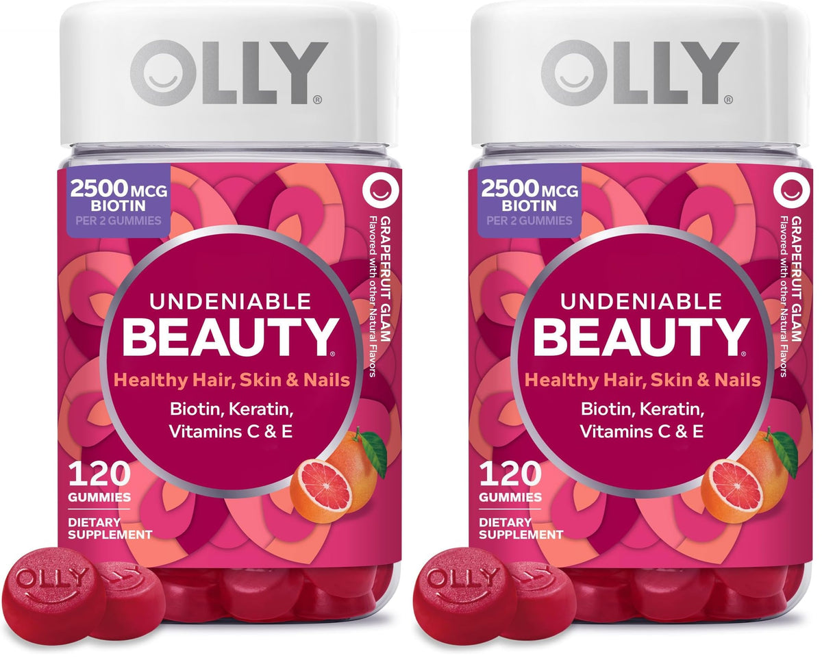 OLLY Hair Skin and Nails Gummies - Undeniable Beauty with Biotin 2500mcg Per 2 Gummies, Keratin & Vitamin C - Supports Healthy Hair, Skin, & Nails - Grapefruit Flavor - 60 Count