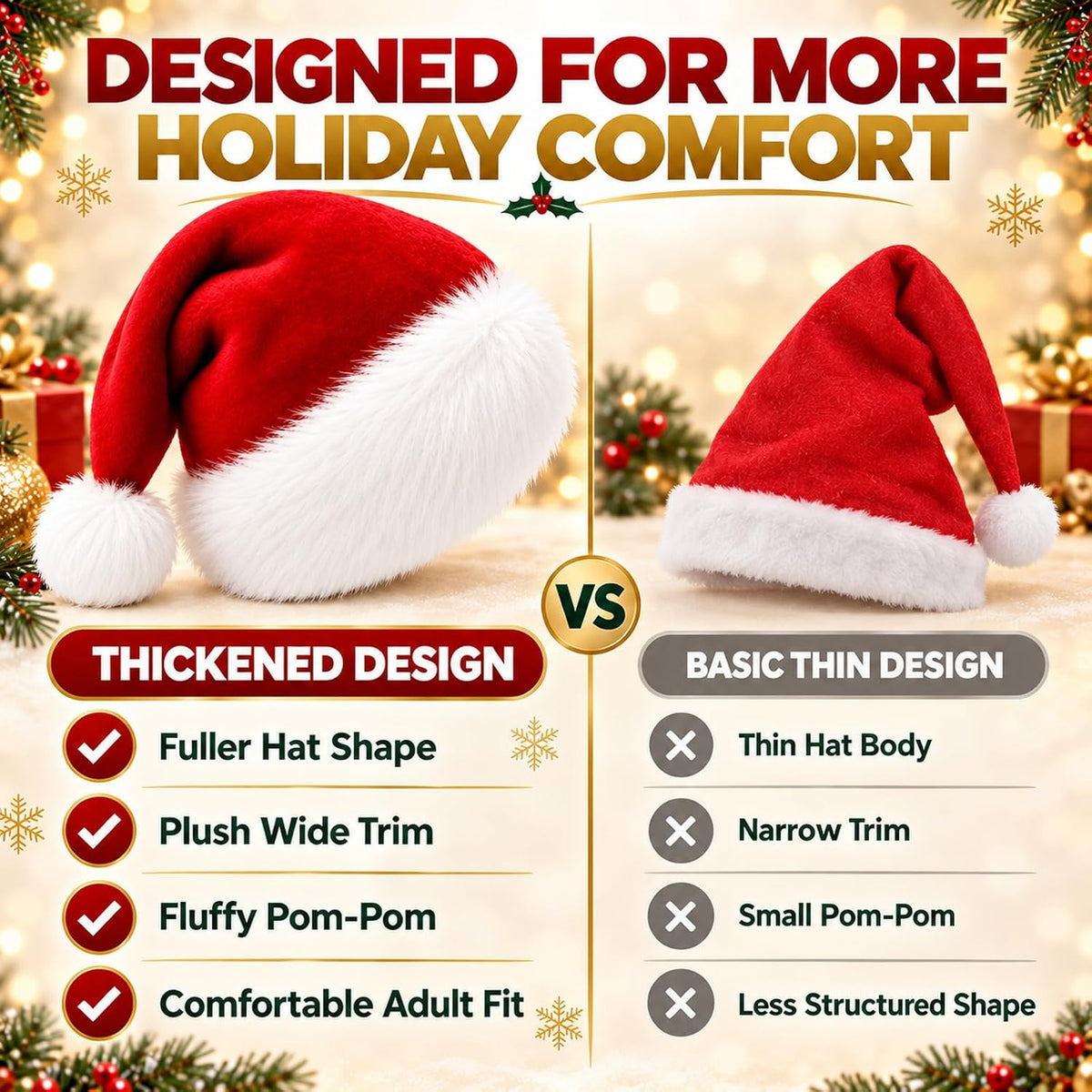 Christmas Santa Hat Hats for Adults Thicken Soft Comfort Adult Headwear Costume Headband Accessories Xmas Holiday Decorations New Year Party Favors Elf Hair Gorros De Navidad Para Adultos