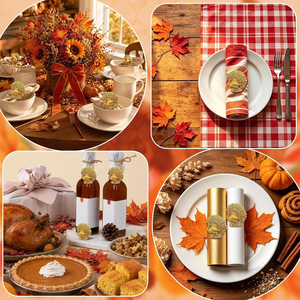 Turkey Napkin Rings Set of 12 Thanksgiving Gold Napkin Holders