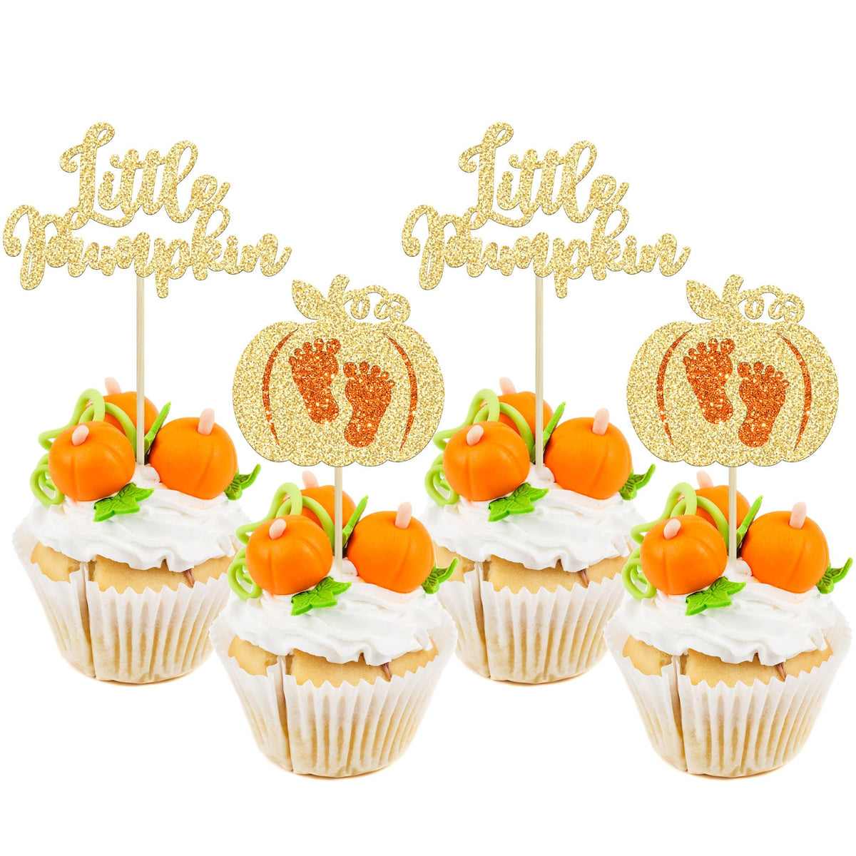 24pc Little Pumpkin Cupcake Toppers - Glitter Pumpkin Cupcake Picks - Baby Shower Decorations - Fall Harvest Theme - Kids Birthday Party Supplies