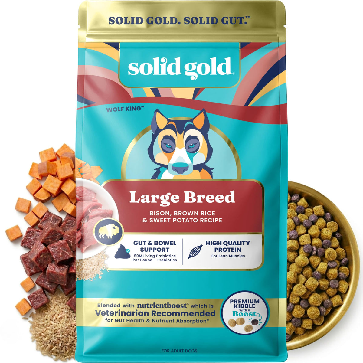 Solid Gold Bison Dry Dog Food for Large Dogs – High Protein, Whole Grain Kibble with Real Bison, Brown Rice & Omega 3 – Large Kibble w/Probiotics for Gut Health - Adult Dog Food - Nutrientboost™–22LB
