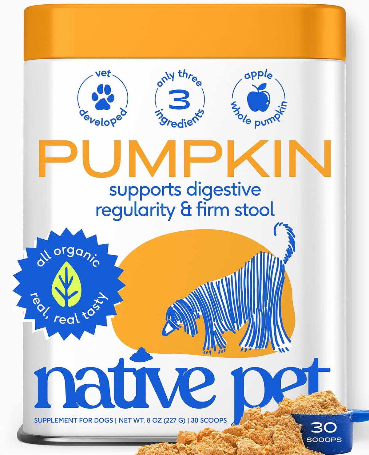 Native Pet Pumpkin for Dogs - Organic Dog Food Topper Powder - Promotes Firm Stools, Supports Digestive, Bowel Health & Nutrient Absorption - USDA Organic, Rich in Fiber with Real Pumpkin - 30 Scoops