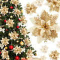Poinsettia Christmas Flowers Decoration -12Pcs Artificial Red Gold Poinsettia Christmas Tree Ornaments Glittery for Xmas New Year Wedding Party Wreath DIY Garland Decor (Gold)