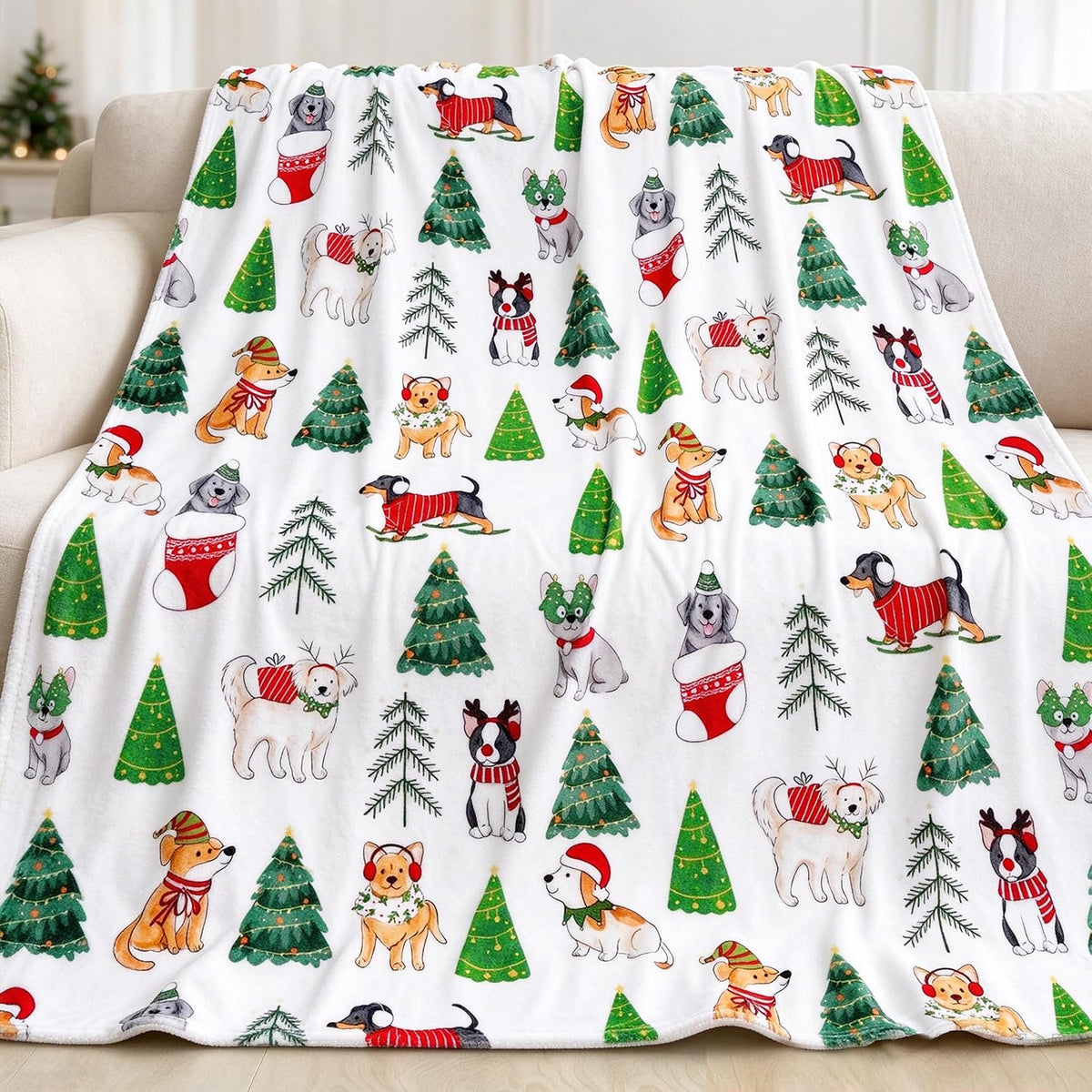 Christmas Dog Tree Blanket Soft Cozy Lightweight Xmas Throw Blanket for Couch Sofa Bed Living Room Home Decor for Boys Girls Kids Adults Gift 50x60 inch