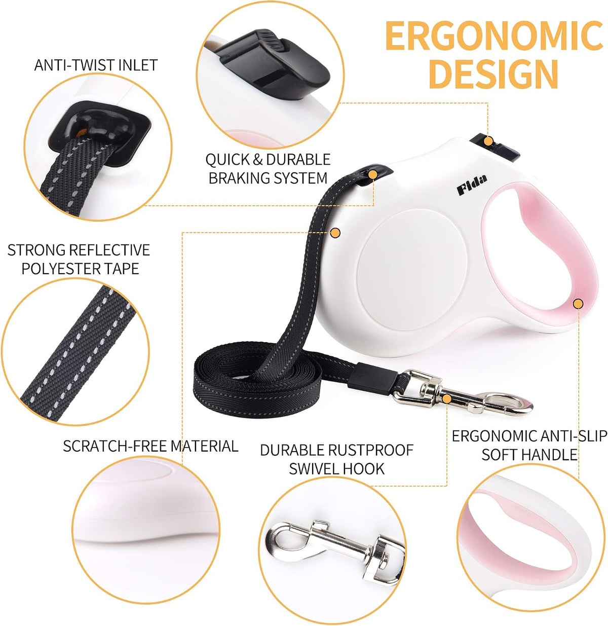 Fida Retractable Dog Leash for Small Breed up to 26 lbs, 16 ft Pet Walking Leash with Dispenser and Poop Bags, Anti-Slip Handle, Reflective Strong Nylon Tape, One-Handed Brake (S, White & Pink)