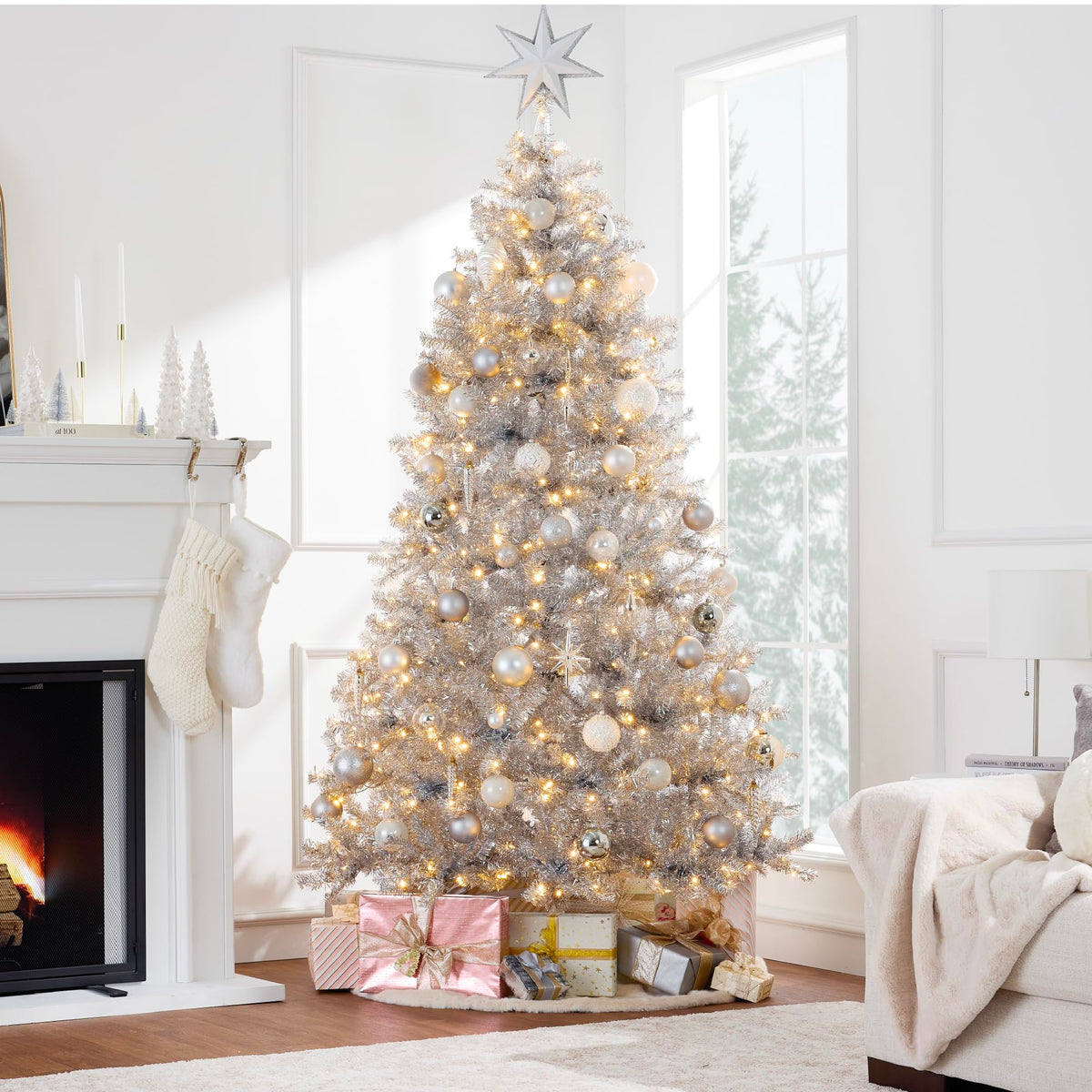 Best Choice Products 6ft Prelit Tinsel Christmas Tree w/Twinkling LED Lights, Artificial Seasonal Holiday Decoration w/ 250 Lights, 1,000 Branch Tips, Metal Stand - Silver