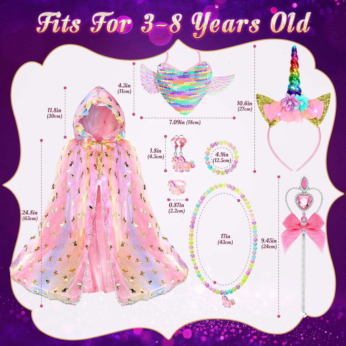 Fedio Princess Dress Up for Girls, Unicorn Light Up Princess Cape Set