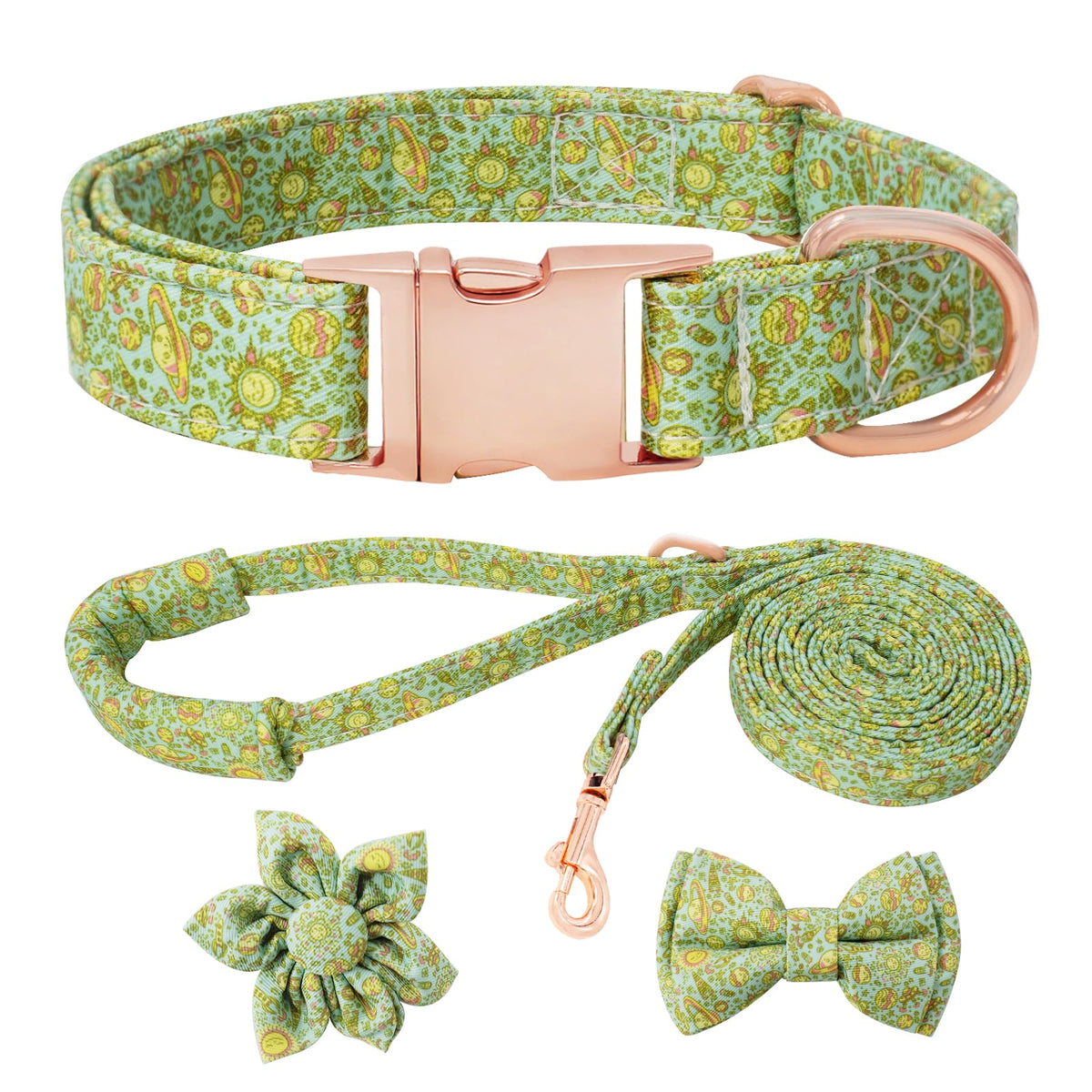 Dog Collar and Leash Set Girls Adjustable Puppy Collars with Floral Bow Tie for Small Medium Large Female Dogs, Orange Flower, XS