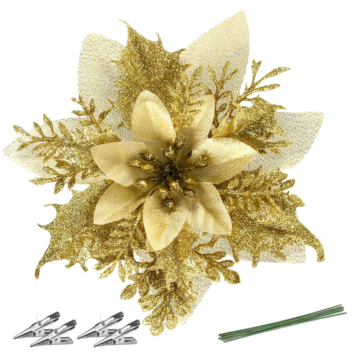 FurRain Christmas Poinsettia Artificial Flowers Decorations 5.5" Christmas Tree Wreaths Garland Decoration 12 Pcs Glitter Flowers Picks Decor for Xmas New Year Wedding Party Ornaments (Pink)