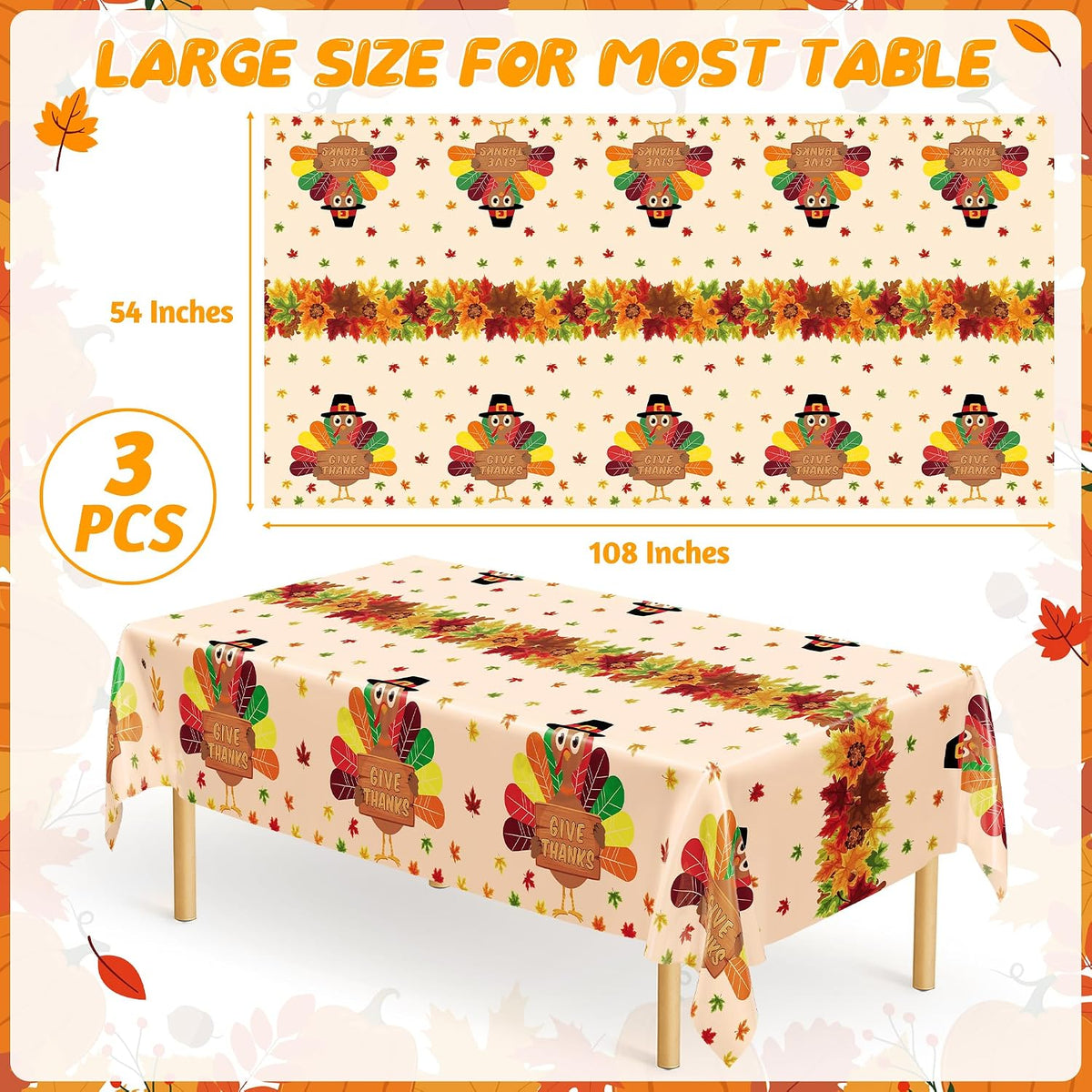 3 Pack Thanksgiving Tablecloths, 108" x 54" Disposable Turkey Table Cloth