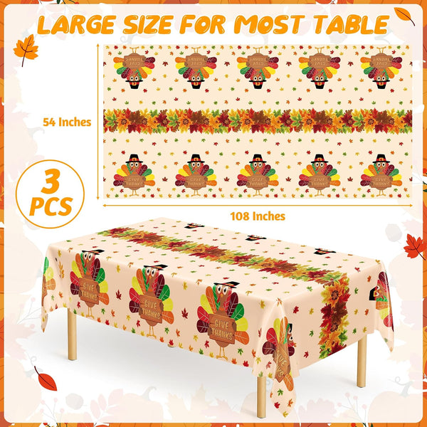 3 Pack Thanksgiving Tablecloths, 108" x 54" Disposable Turkey Table Cloth